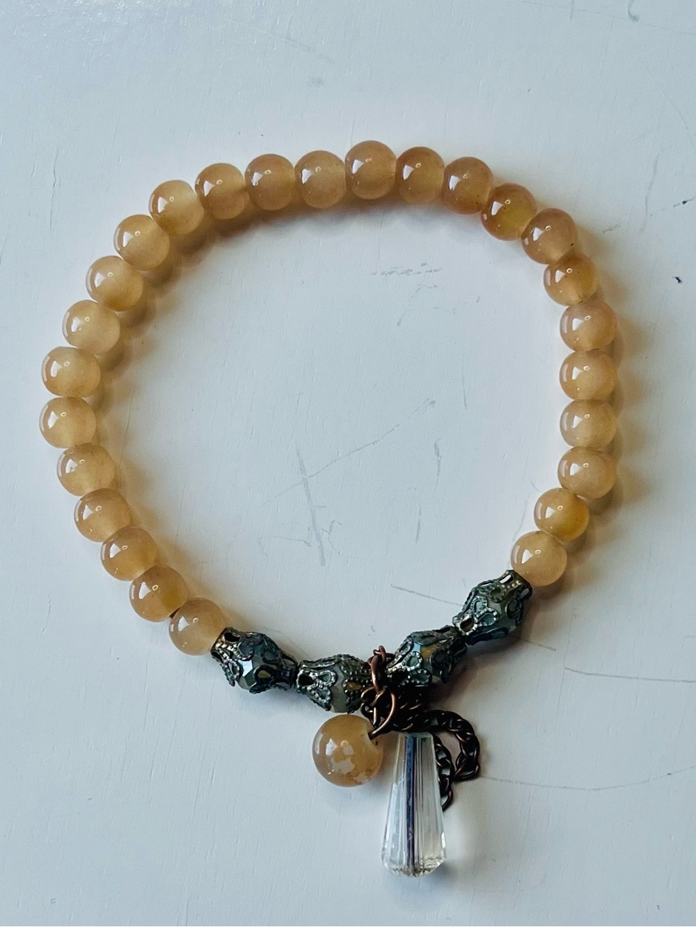 Peach Honey Jade Style Bead Stretch Bracelet Crystal Drop Charm- NWOT